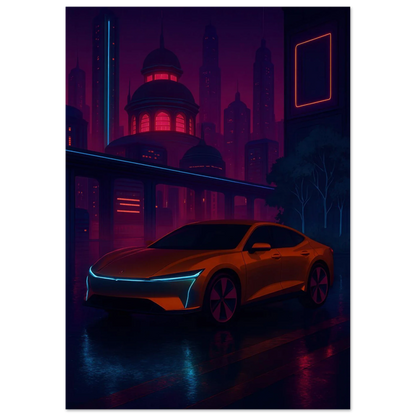 Neon Nightdrive: Futuristisk Bil i Cyberpunk Stadsbild Affisch – Konstavtryck med Livfulla Färger