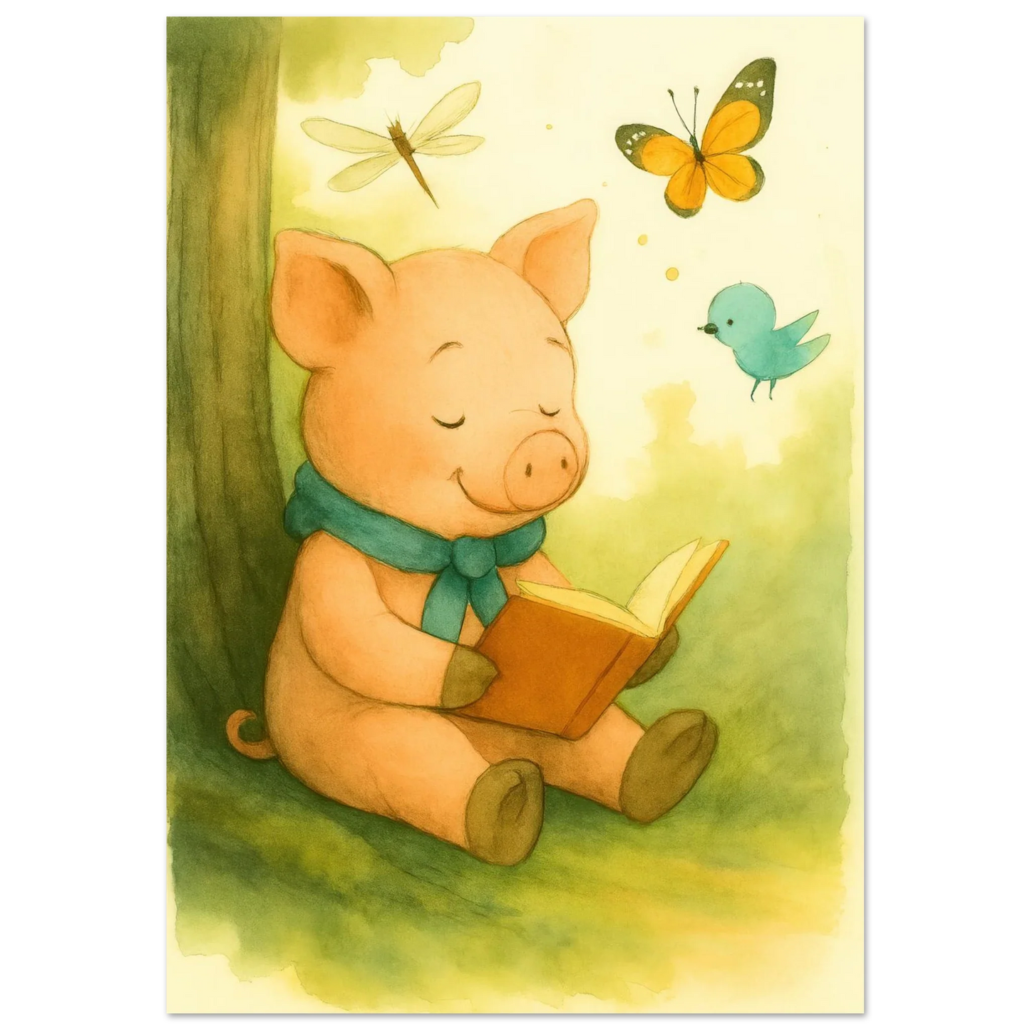 Little Reader Pig: Enchanting Watercolor Art Print for Cozy Spaces