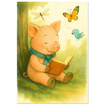 Little Reader Pig: Enchanting Watercolor Art Print for Cozy Spaces