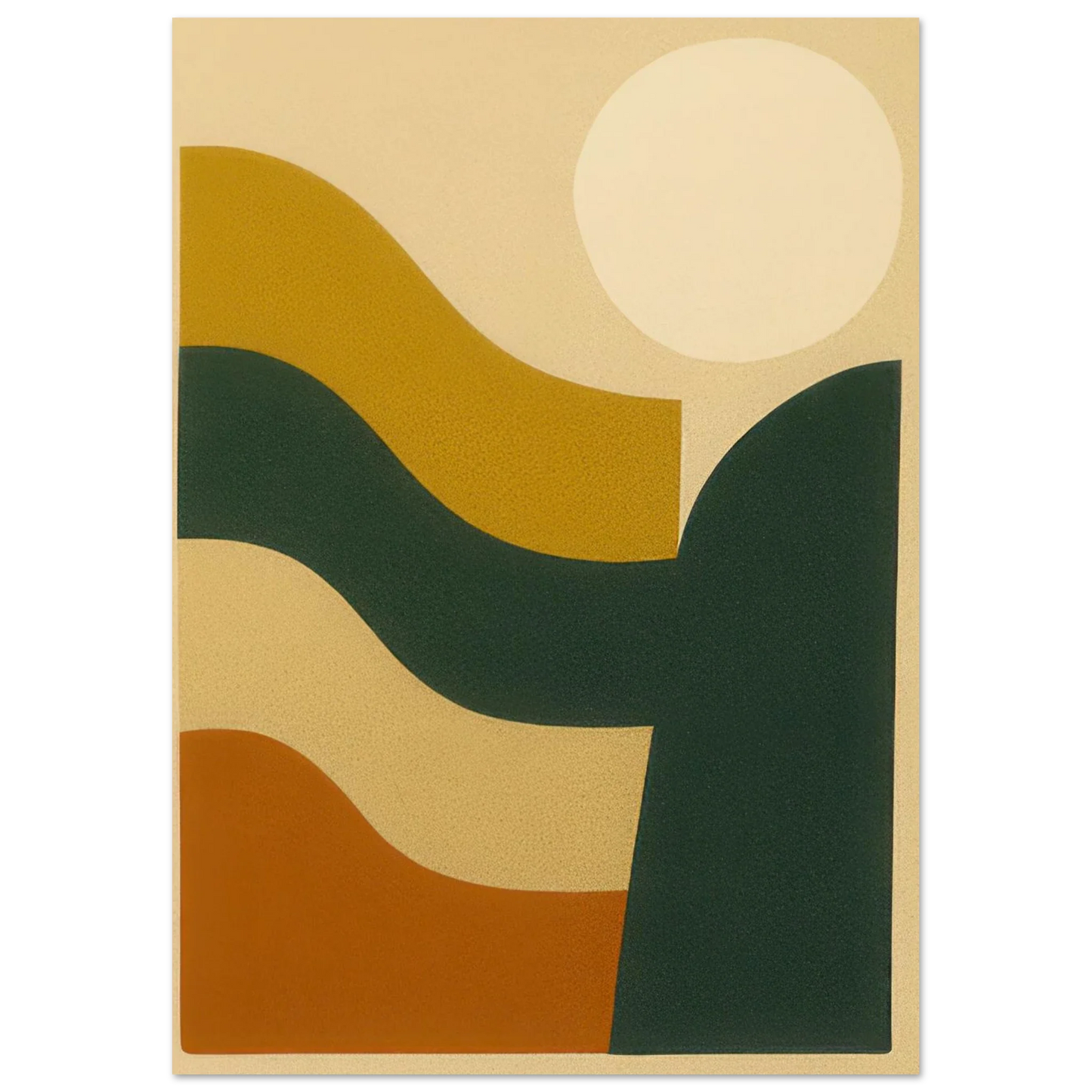 Abstrakt / Minimalistisk Solnedgång Poster – Moderna Vågor i Ockra, Skogsgrönt & Terrakotta, i Flera Storlekar