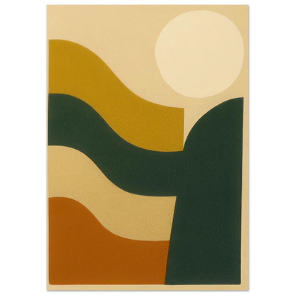 Abstrakt / Minimalistisk Solnedgång Poster – Moderna Vågor i Ockra, Skogsgrönt & Terrakotta, i Flera Storlekar