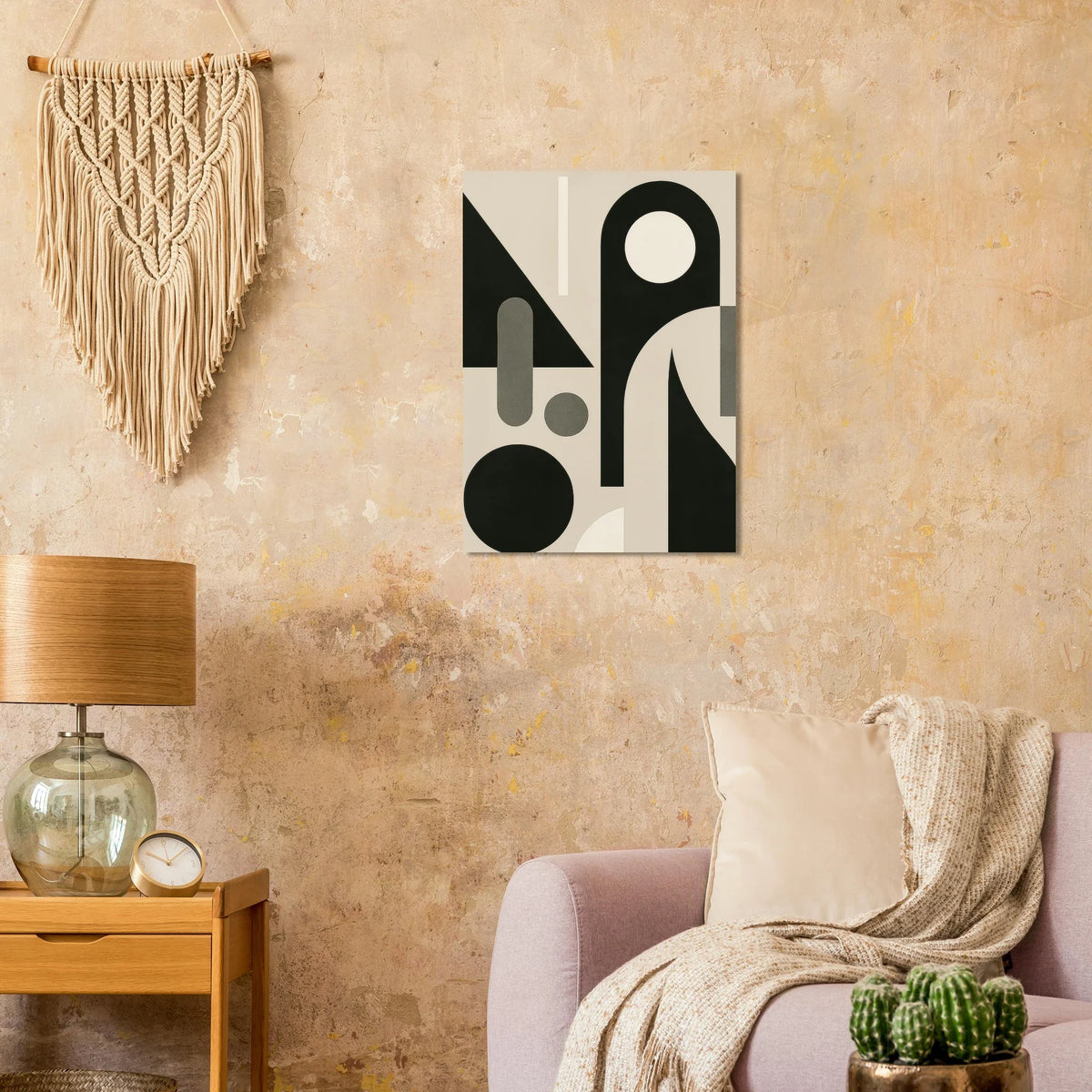 Minimalist Bauhaus Inspired Abstract Art Poster - Geometric Shapes in Beige & Black