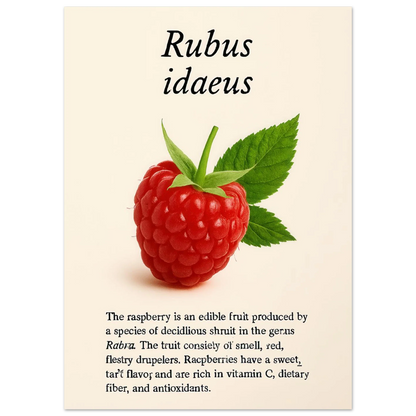 Frukter: Vibrant Rubus Idaeus Raspberry Botanical Art Print – Rich Red Hues for Your Home or Kitchen