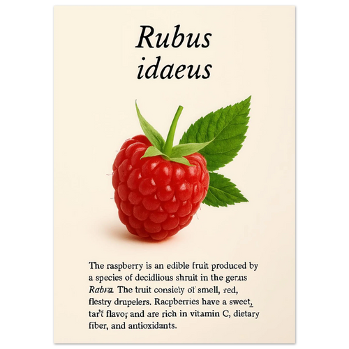 Frukter: Vibrant Rubus Idaeus Raspberry Botanical Art Print – Rich Red Hues for Your Home or Kitchen