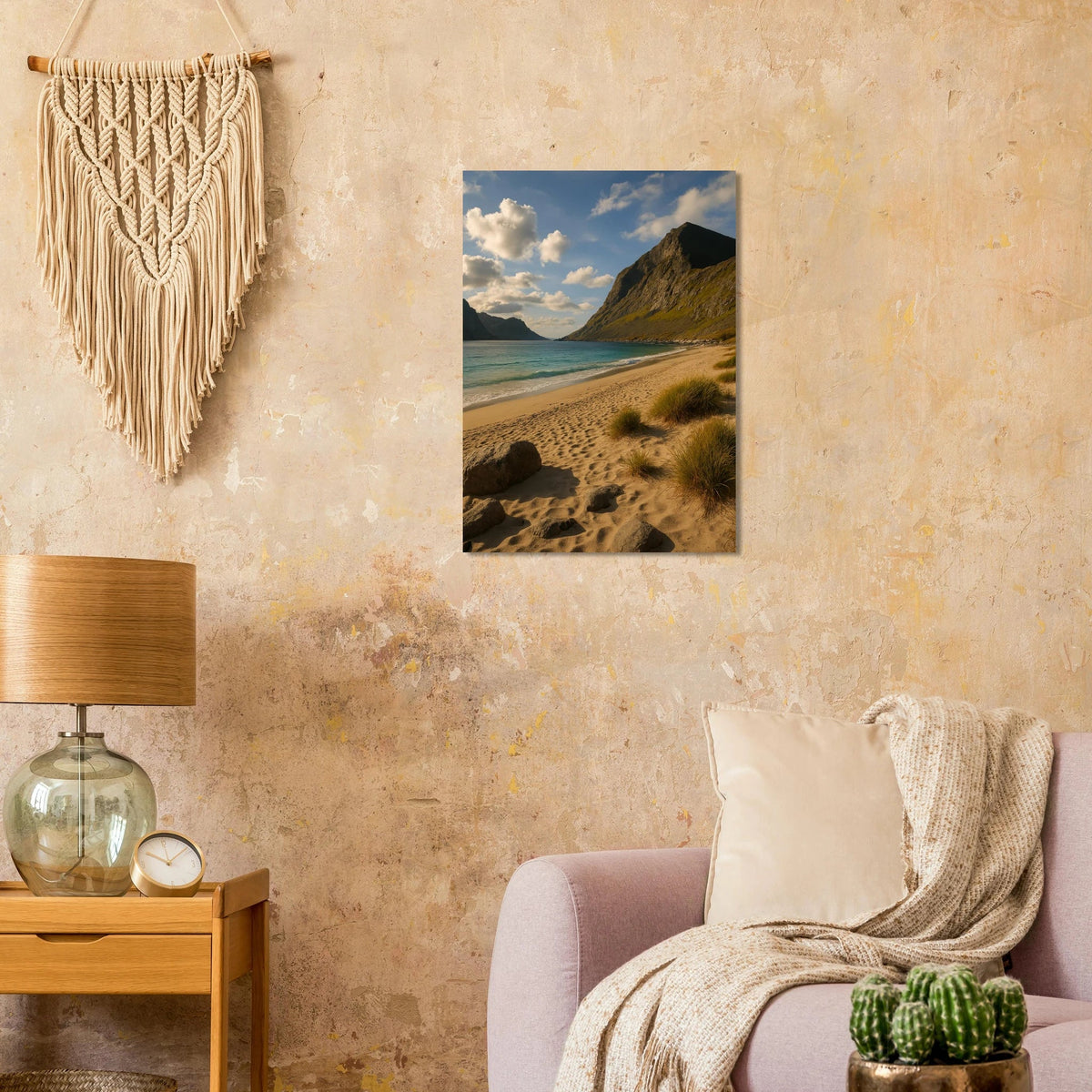 Serene Mountain Beach Horizon Poster – Coastal Beauty Print with Azure Waters & Golden Sand