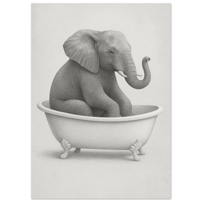 Charmig Elefant i Badkar – Unik Svartvit Konstposter