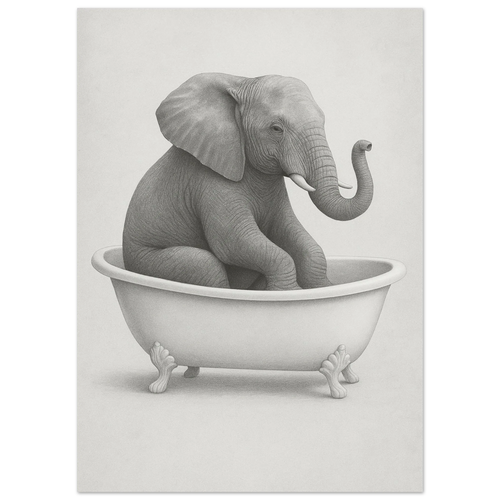 Charmig Elefant i Badkar – Unik Svartvit Konstposter