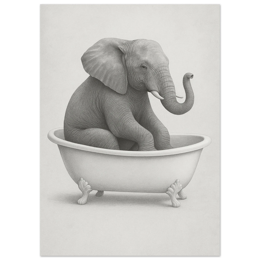 Charmig Elefant i Badkar – Unik Svartvit Konstposter
