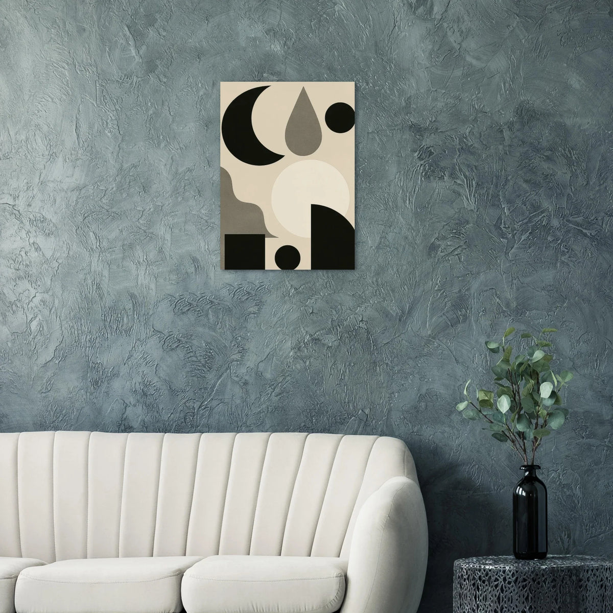 Abstract Moon & Shapes Art Print – Minimalist Black & Greige Poster