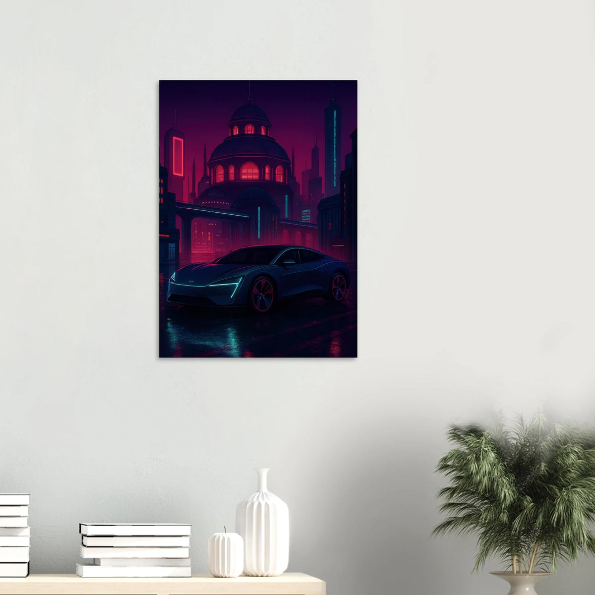 Futuristic Cyberpunk Bil Art Print – Neonstad Nattscen med Elbil