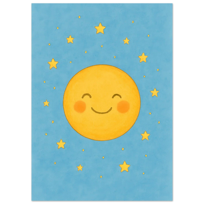 Dreamy Sky Moon & Stars Print | Whimsical Nursery Art | Soft Blue & Yellow Giclee Poster
