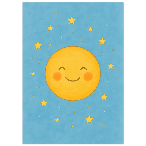 Dreamy Sky Moon & Stars Print | Whimsical Nursery Art | Soft Blue & Yellow Giclee Poster