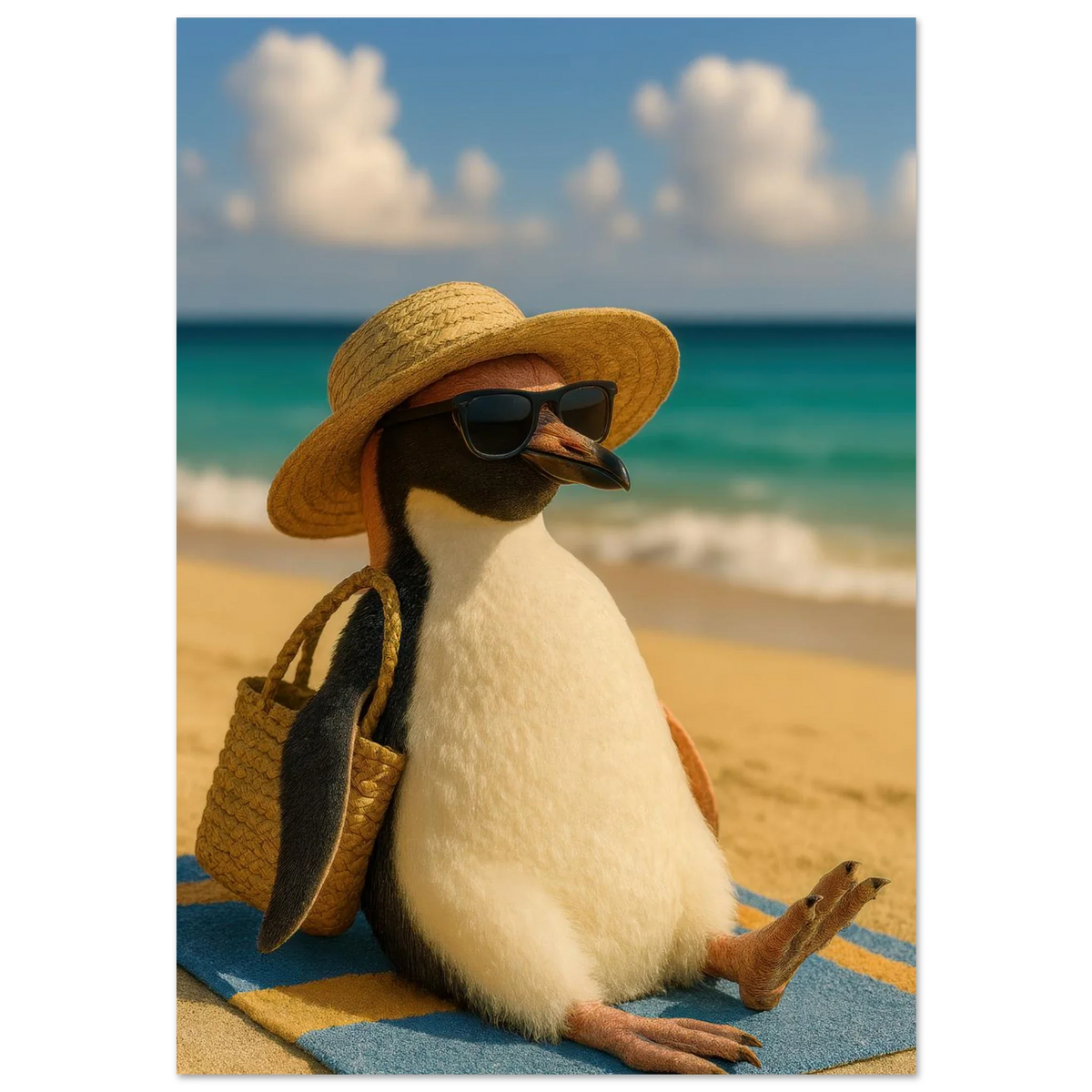 Djur: "Beach Bum Penguin" – Avkopplande Konsttryck för En Touch av Sommarglädje