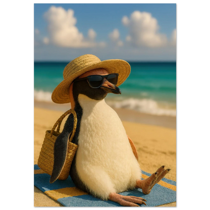 Djur: "Beach Bum Penguin" – Avkopplande Konsttryck för En Touch av Sommarglädje