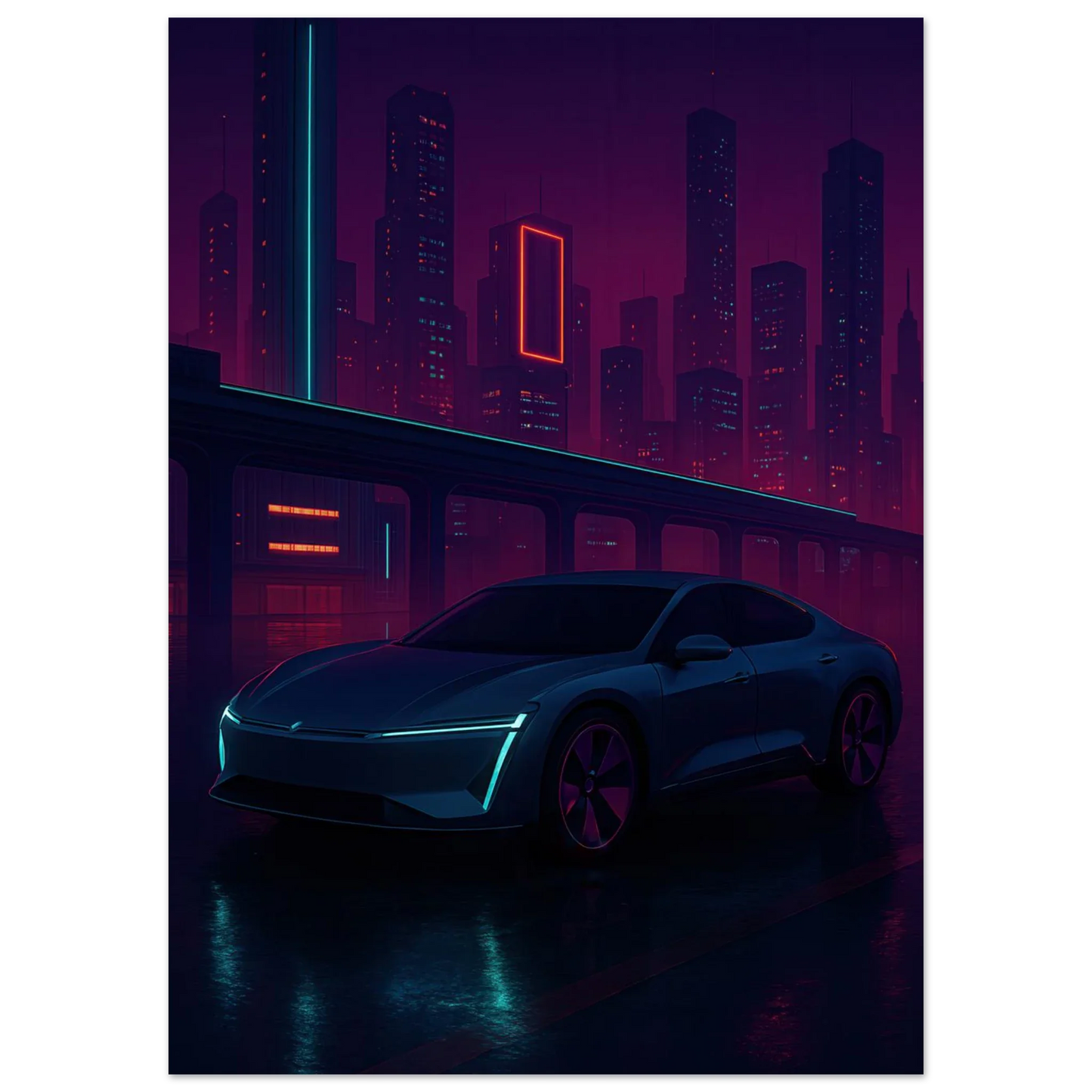 Neon Night Rider: Futuristisk Bilkonsttryck i cyberpunkstil