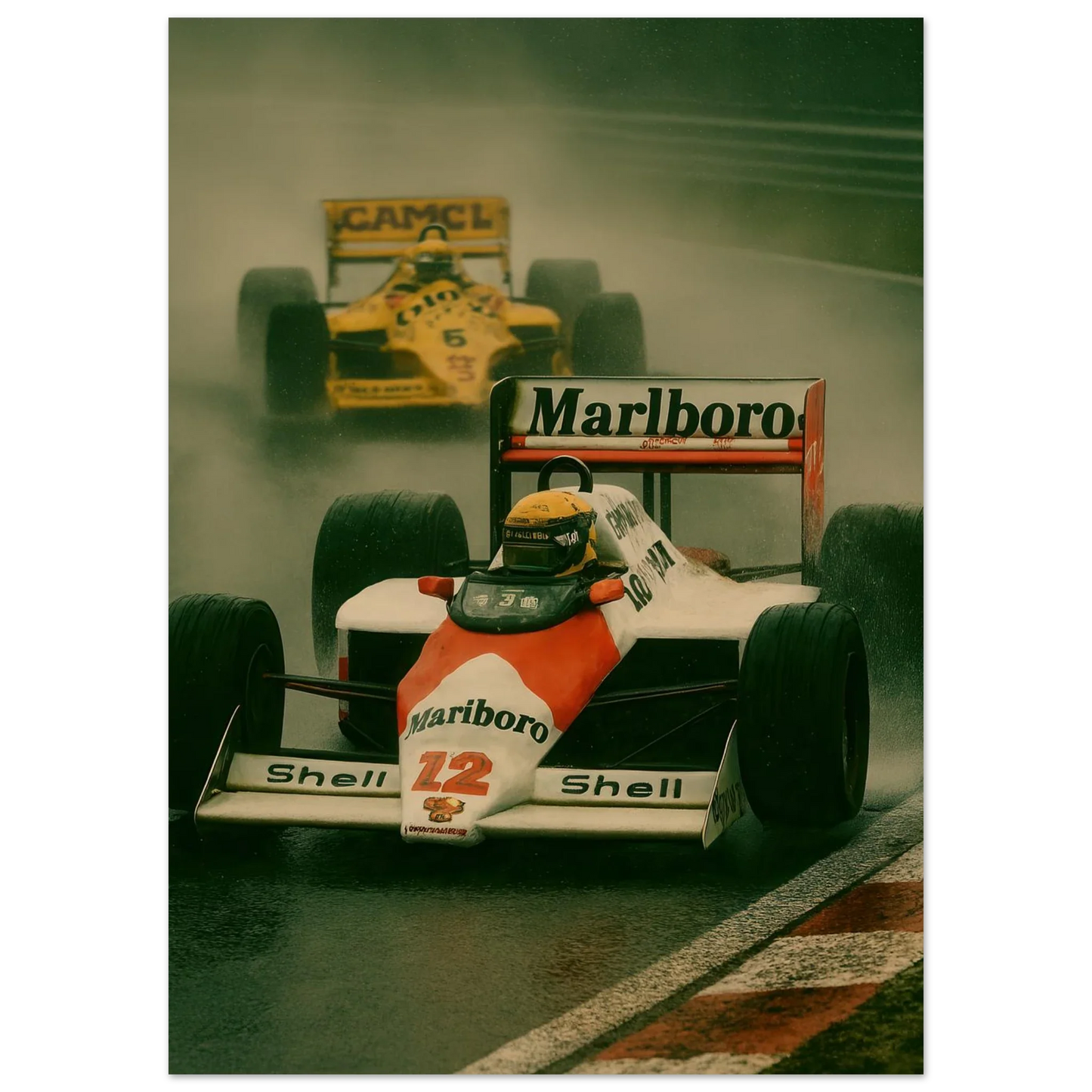 Racing Legacy: F1 Classic Poster – Dynamic Wet Race Art Print in Vibrant Detail