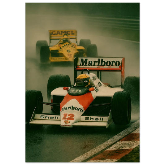 Racing Legacy: F1 Classic Poster – Dynamic Wet Race Art Print in Vibrant Detail
