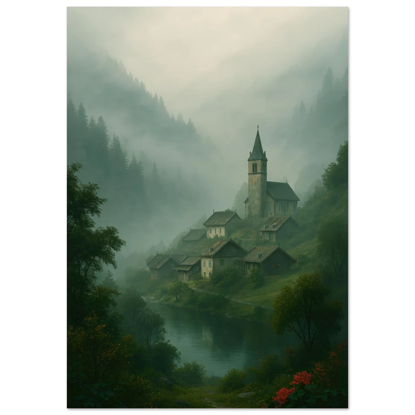 Mystical Alpine Village Foggy Landscape Poster - Evocative Mountain Scenery Art Print in Various Sizes