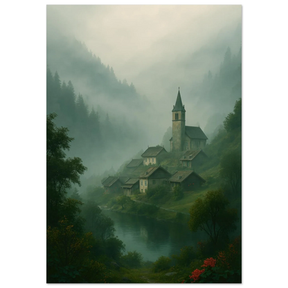Mystical Alpine Village Foggy Landscape Poster - Evocative Mountain Scenery Art Print in Various Sizes
