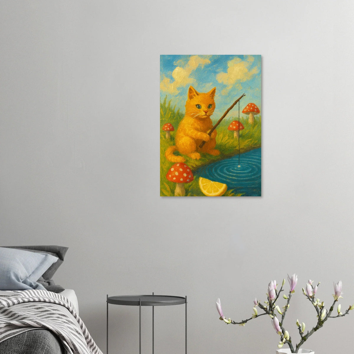 Kattfiske Poster – Elegant Konstverk med Katt som Fiskar i Damm