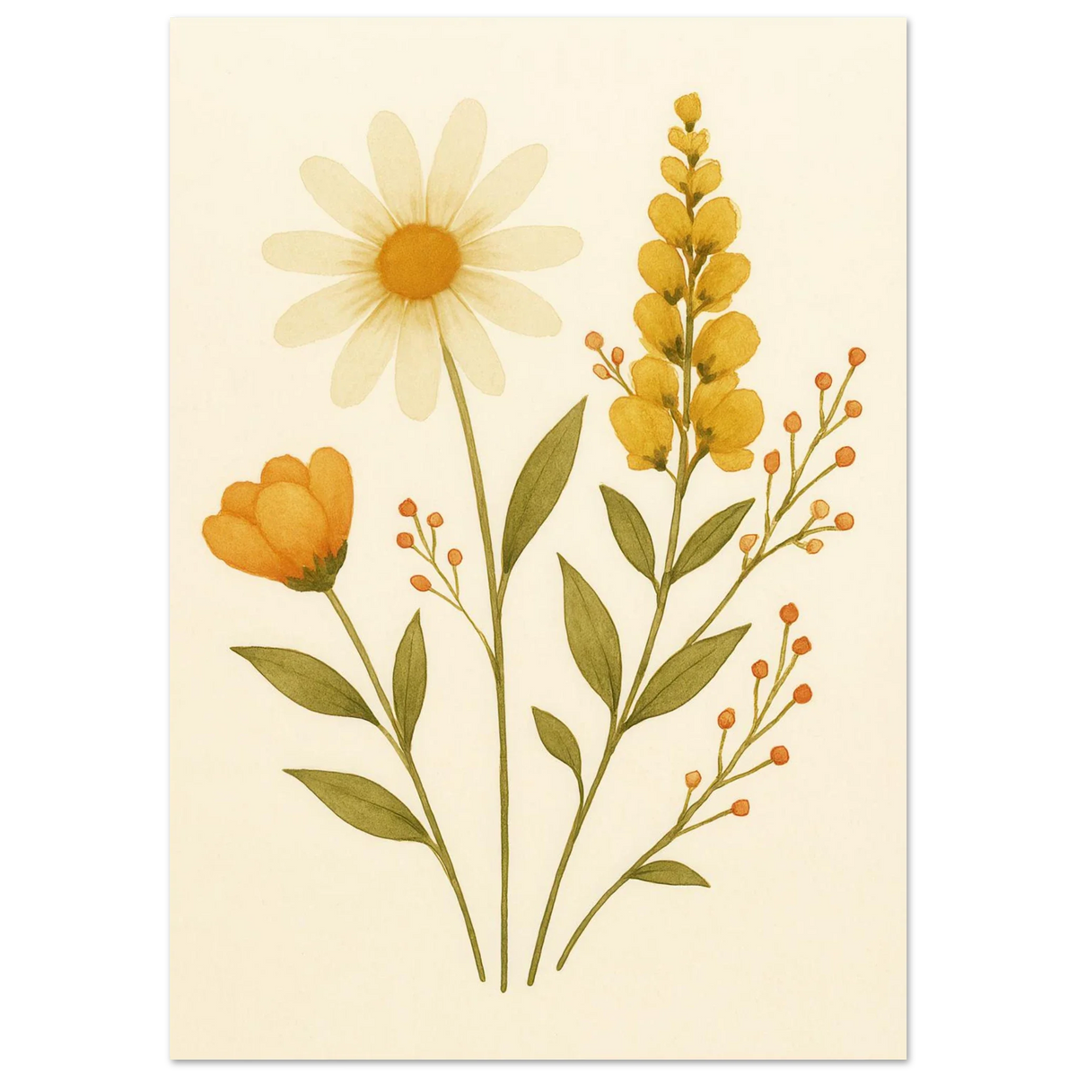 Vibrant Watercolor Wildflowers Print – Daisy, Berries & Botanical Art in Warm Hues