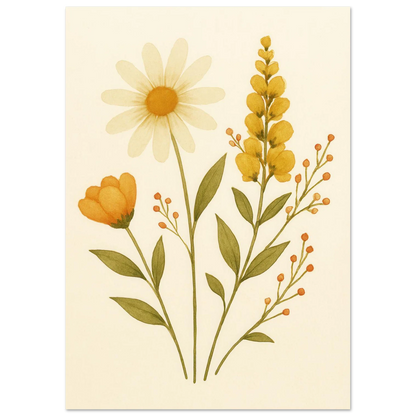 Vibrant Watercolor Wildflowers Print – Daisy, Berries & Botanical Art in Warm Hues