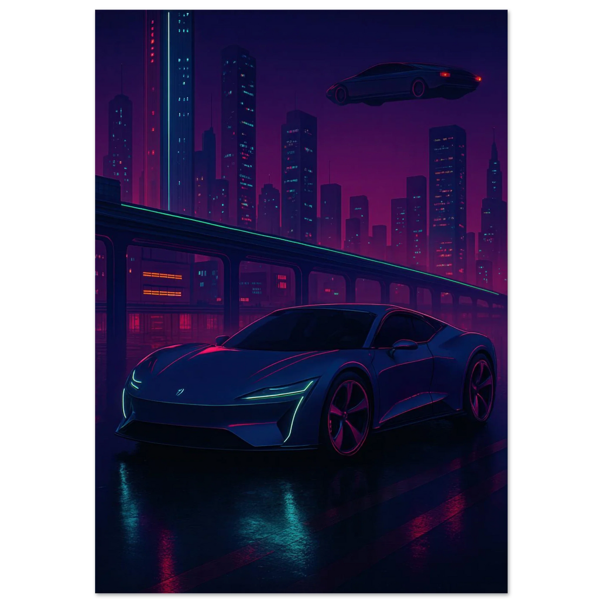 Futuristic Cyberpunk Stad Night Drive Konsttryck – Neonbelyst Bil Affisch i Valfri Storlek