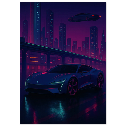 Futuristic Cyberpunk Stad Night Drive Konsttryck – Neonbelyst Bil Affisch i Valfri Storlek