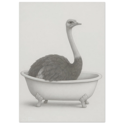 Humorous Ostrich in Bathtub Surreal Art Poster – Quirky Minimalist Print for Modern Homes