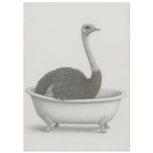 Humorous Ostrich in Bathtub Surreal Art Poster – Quirky Minimalist Print for Modern Homes