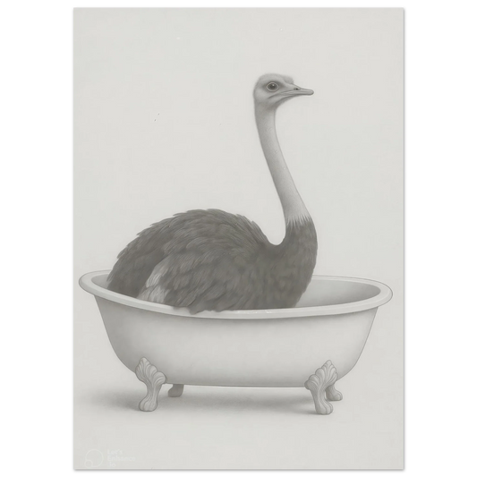 Humorous Ostrich in Bathtub Surreal Art Poster – Quirky Minimalist Print for Modern Homes