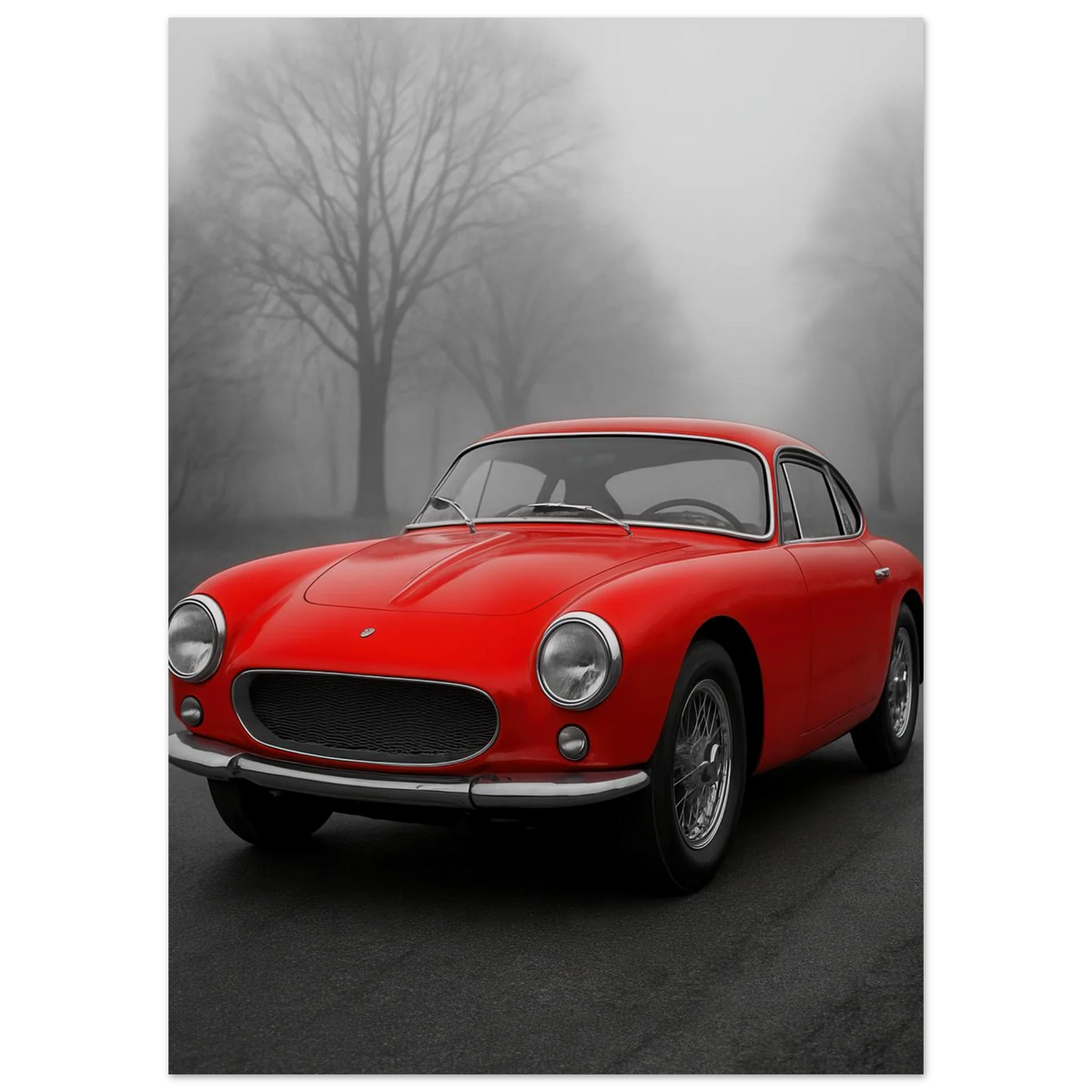 Bilar: Classic Red Sports Car Art Print – Captivating Mist Series, Available in Multiple Sizes