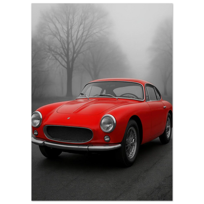 Bilar: Classic Red Sports Car Art Print – Captivating Mist Series, Available in Multiple Sizes