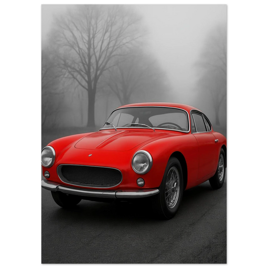 Bilar: Classic Red Sports Car Art Print – Captivating Mist Series, Available in Multiple Sizes