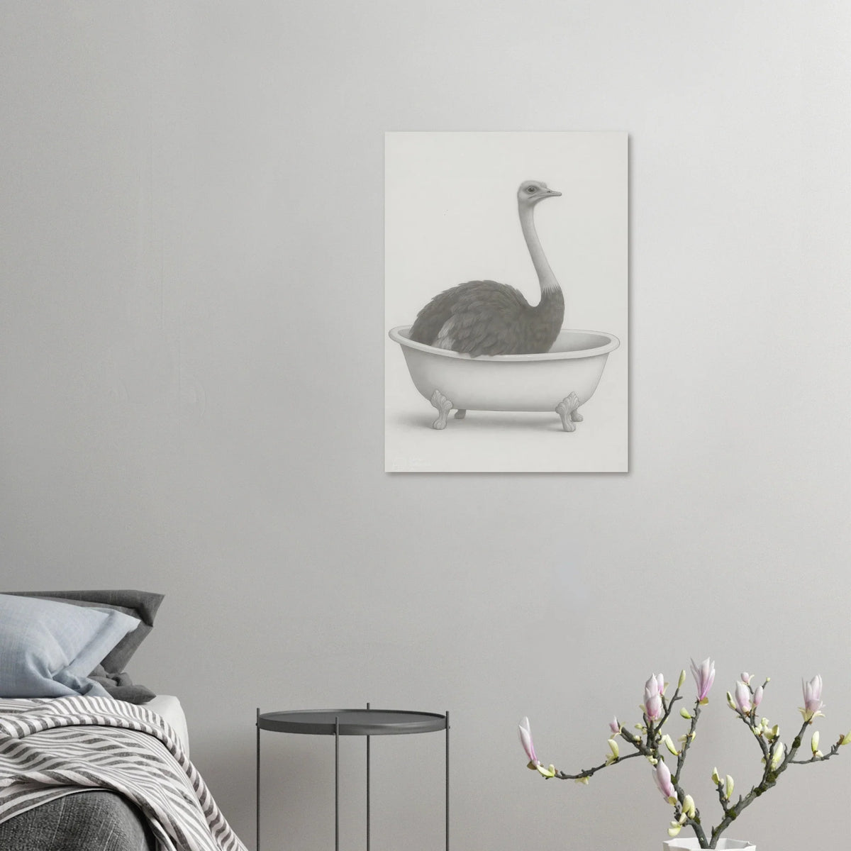 Humorous Ostrich in Bathtub Surreal Art Poster – Quirky Minimalist Print for Modern Homes