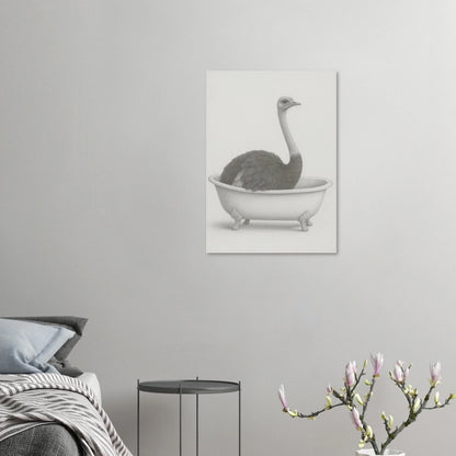 Humorous Ostrich in Bathtub Surreal Art Poster – Quirky Minimalist Print for Modern Homes