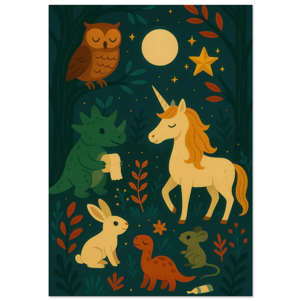 Magical Forest Friends Art Print – Whimsical Woodland Decor for Nursery & Kids' Rooms