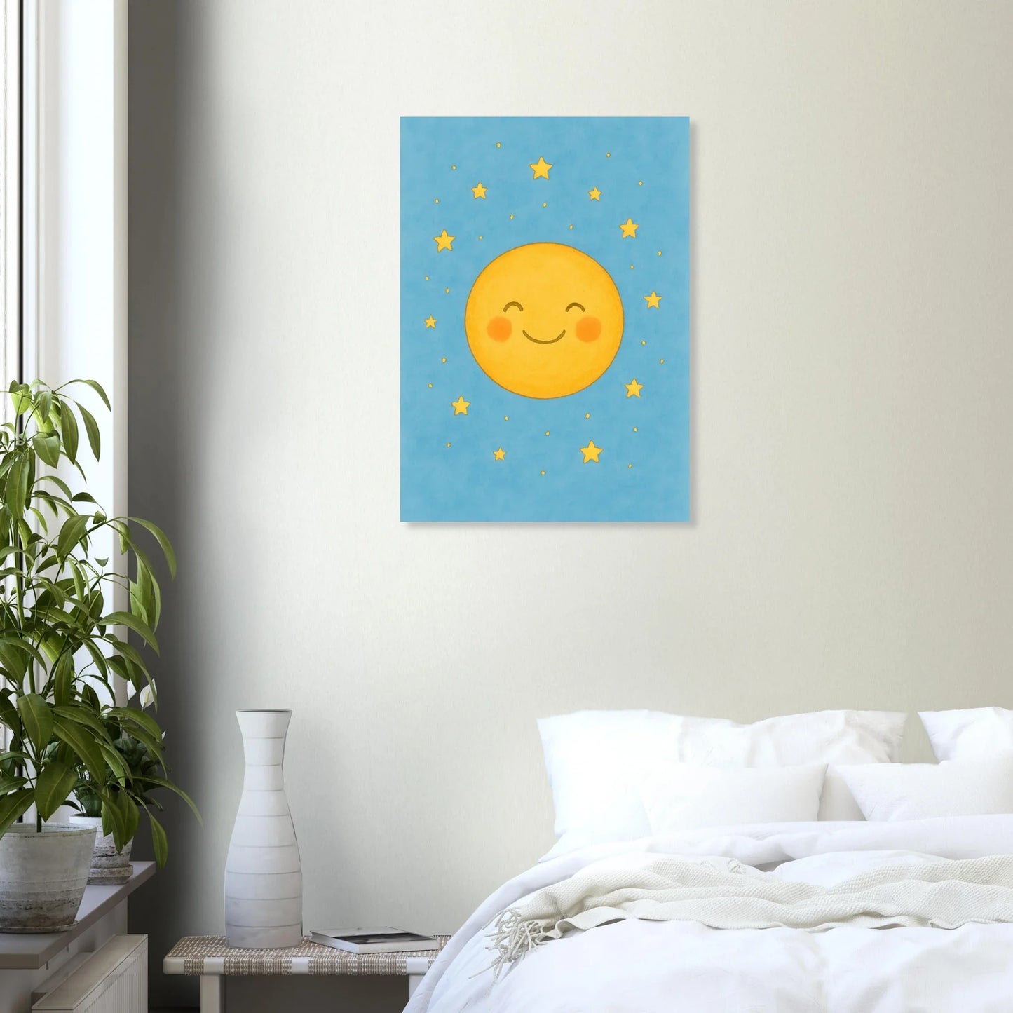 Dreamy Sky Moon & Stars Print | Whimsical Nursery Art | Soft Blue & Yellow Giclee Poster