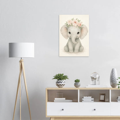 Söt Baby Elefant med Blomsterkrans – Akvarellkonsttryck för Barnrummet