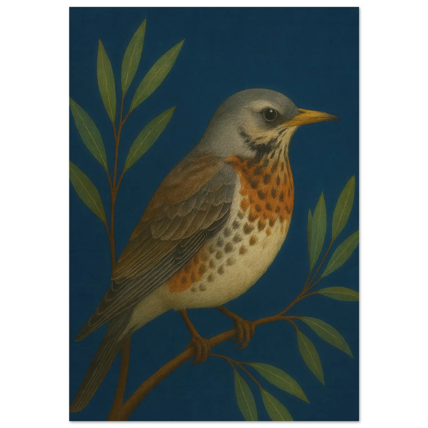 Fieldfare Bird on Branch Art Print – Vibrant Woodland Wildlife Wall Decor for Nature Lovers, in Various Sizes