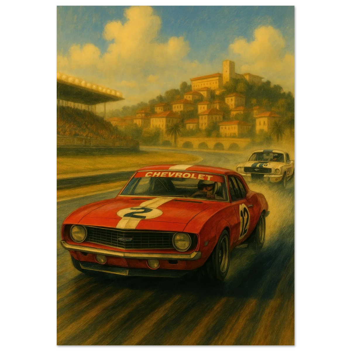 Vintage Race Day: Classic Red Sports Car Art Print – Bilar
