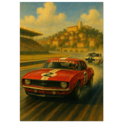 Vintage Race Day: Classic Red Sports Car Art Print – Bilar