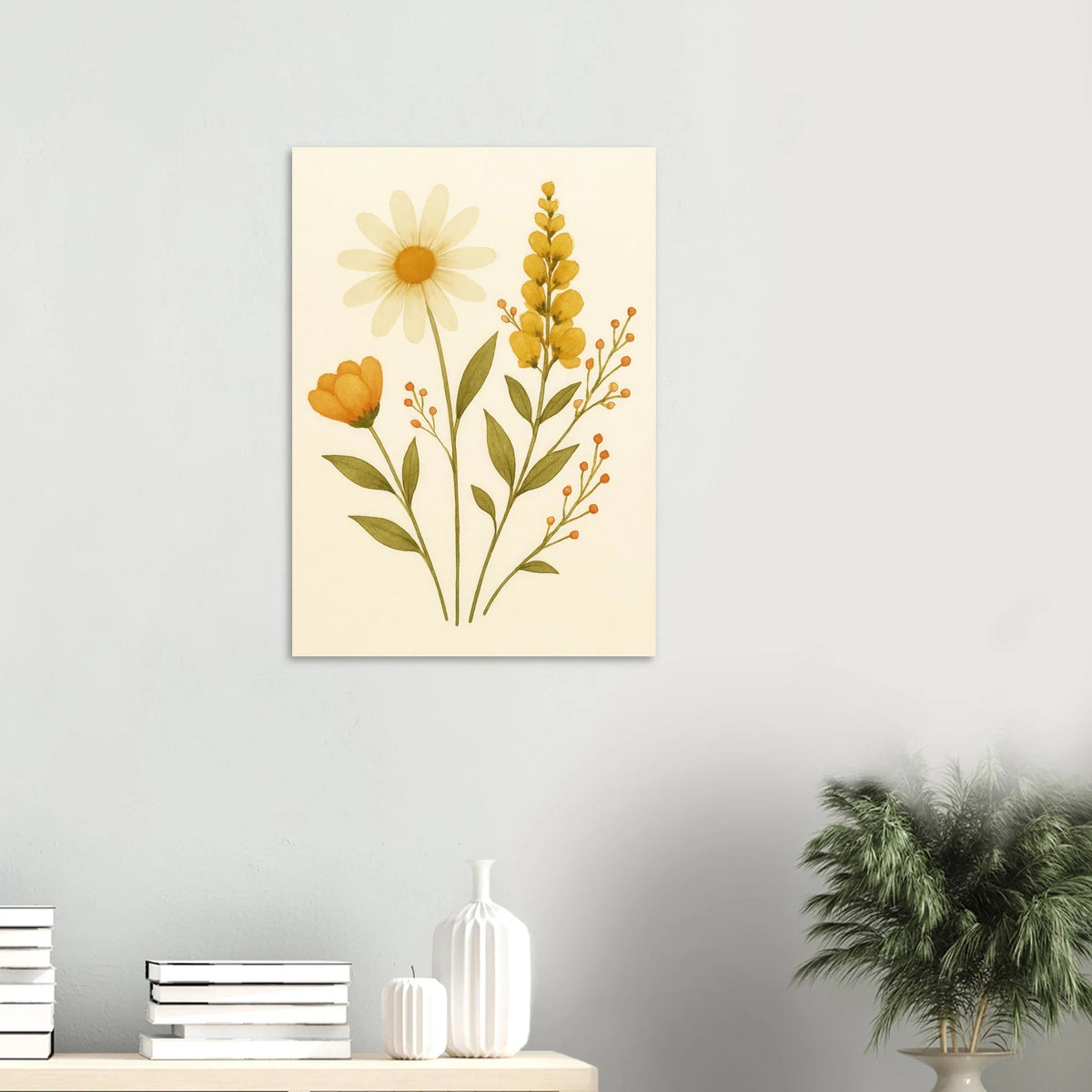Vibrant Watercolor Wildflowers Print – Daisy, Berries & Botanical Art in Warm Hues