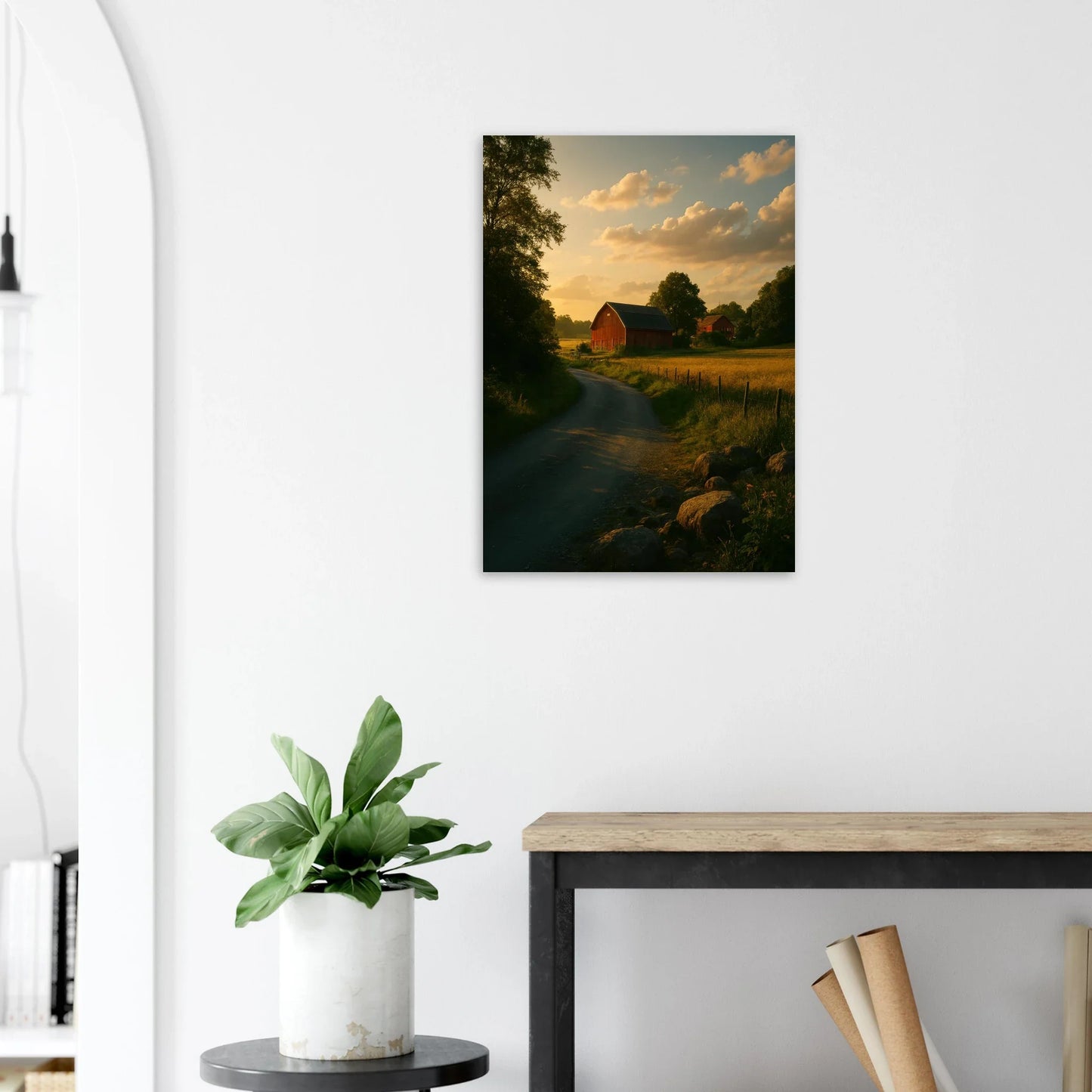 Golden Hour Farm Road Poster - Serene Rural Landscape Print for Your Home
