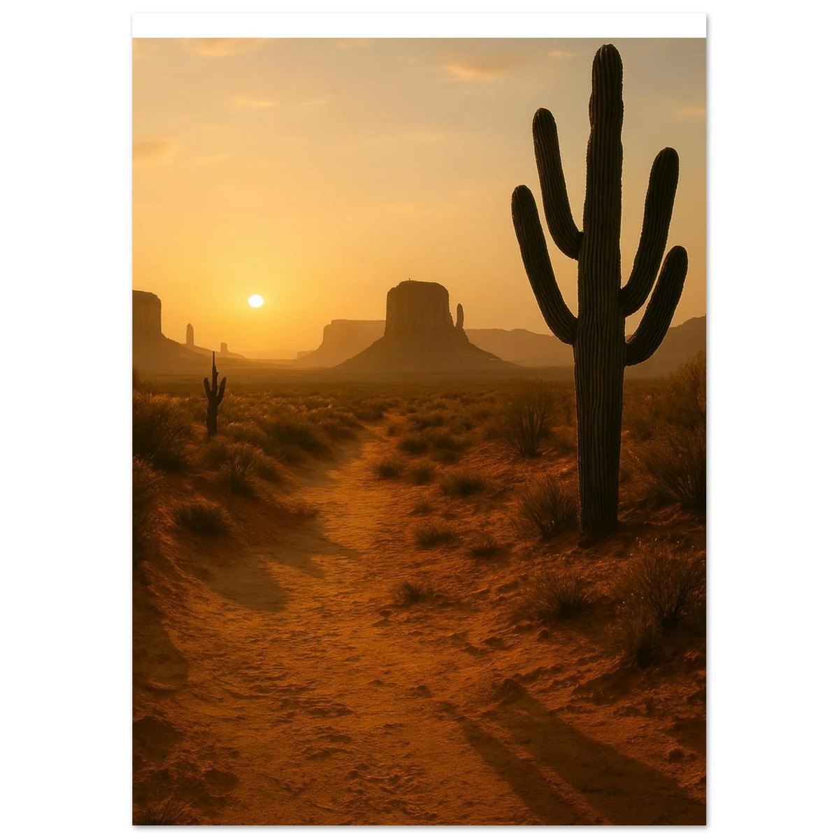 Desert Sunset Majesty: Vibrant Saguaro & Butte Landscape Poster in Multiple Sizes