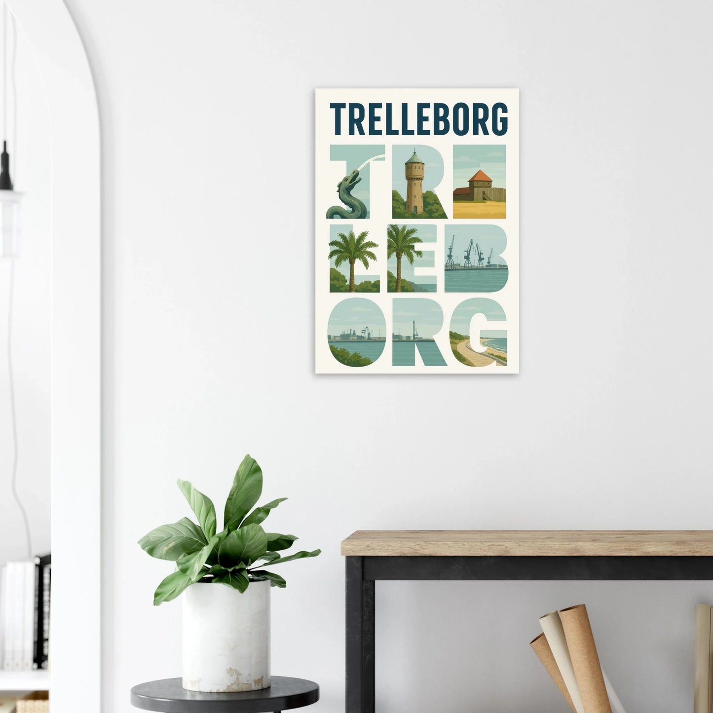 Trelleborg Travel Poster: Iconic Landmarks & Coastal Views in a Unique Typography Design