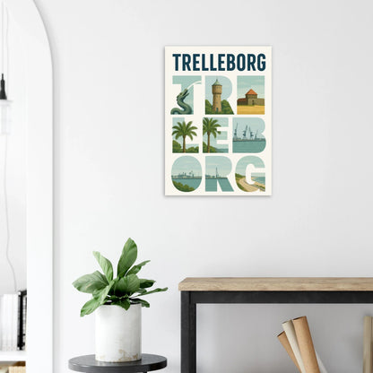 Trelleborg Travel Poster: Iconic Landmarks & Coastal Views in a Unique Typography Design