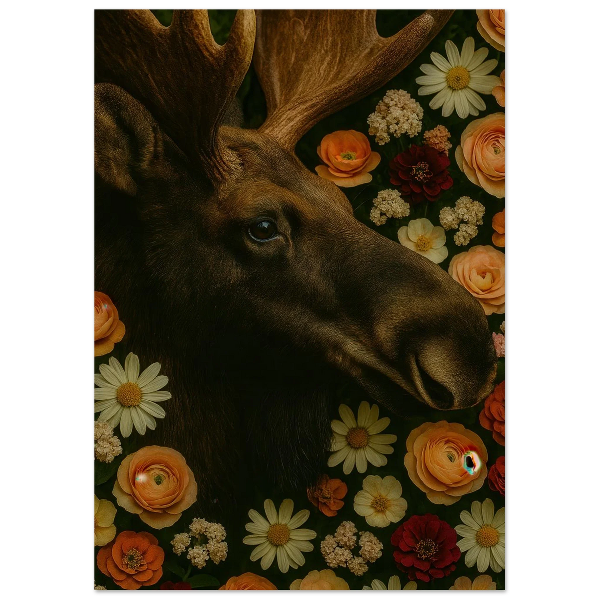 Djur: Majestic Moose & Floral Dream Art Print – Captivating Wildlife in Bloom for Your Home