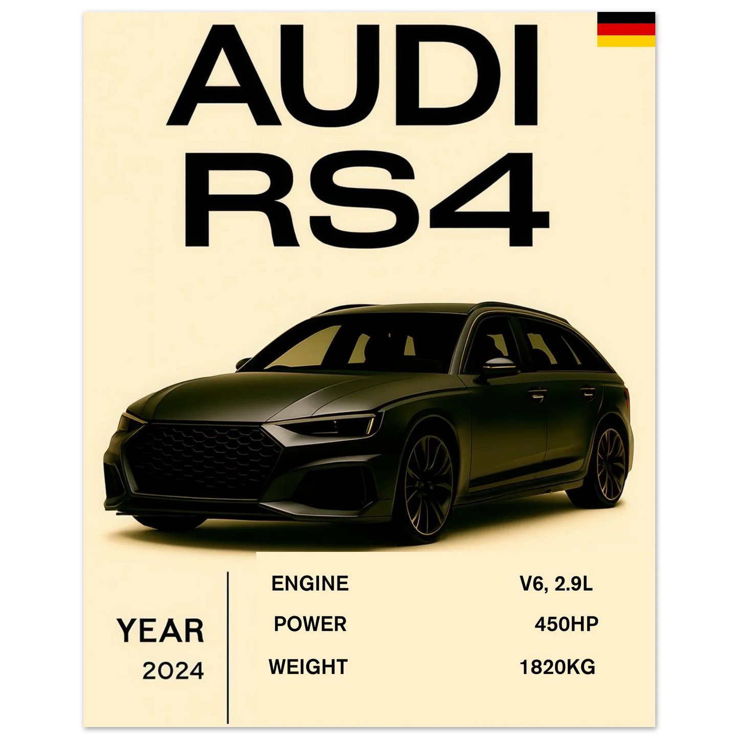 Audi RS4 Sportig Design Affisch – Premium Konsttryck med Halvblank Finish för Bilentusiaster