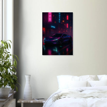 Neon Night Rider Poster: Vibrant Cyberpunk Car Art Print, Choose Your Size